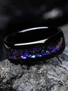 Starry Sky Series Nebula Space Black Tungsten Steel Ring 8mm Wide Band With Purple Synthetic Opal Inlay | Gunmetal Finish | Engagement & Anniversary Gift For Men | Durable And Stylish Wedding Accessory, Best For Christmas - Multicolor - View 4