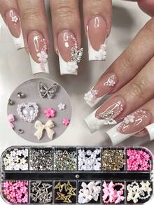 12 Rejillas Decoraciones de Arte de Uñas 3D Lindos Moños, Diseño de Mariposas, Flores y Amor con Perlas, Charms de Rhinestone para Decoración de Uñas, Suministros de Manicura DIY Estilo Japonés