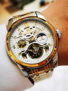 AOKULASIC 1pc Men's Fashion Automatic Mechanical Watch, Luminous Hands, Tourbillon Hollow Design, Luxury Business Wristwatch, Top Brand, Gift - Gold - View 7