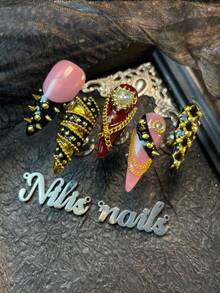 10pcs Stiletto Nail Set,Wine Red&Pink&Black French Nail Art,3D Three Dimensional Nail Rhinestone Steel Ball&Heart&Chain Beads&Cross&Chain Nail Art Accessories,Hand Drawn Metal Geometric Nail Art Patterns,Y2k Style Wearable NailArt Set,Suitable For Women To New Year Daily Parties Wear (With: A Piece Of JellyGlue And A Friction Strip) Nail SuppliesNails - Burgundy - View 4