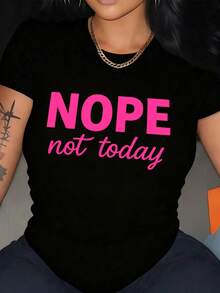 Women's Summer New Simple Slogan Print Casual Vacation Style Loose Fit Round Neck Short Sleeve T-Shirt, Fashionable Everyday Top, Suitable For Daily And Vacation Wear. Women's T-Shirt Top. Black - Black - View 7