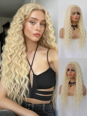 Blonde Deep Wave Lace Front Wig 613 Long Curly 13*4 Lace Front Synthetic Wigs Natrural Hairline Kinky Curly Synthetic Lace Frontal Wigs Heat Resistant Fiber Daily 24 Inch