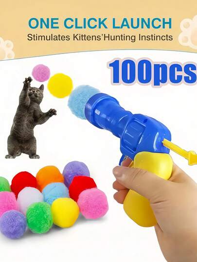 Interactive Launch Training Cat Ball Toy Set Including A Toy Launcher And 10/20/30/50/100 Puffballs (1.2 Inches) Fun Diy Training Toy Gun Kit Quiet High Elasticity Fur Ball Blaster Harmless Shooter For Pet Amusement & Bonding Cat Toy Is Designed For Active Play Pet Lovers Essential