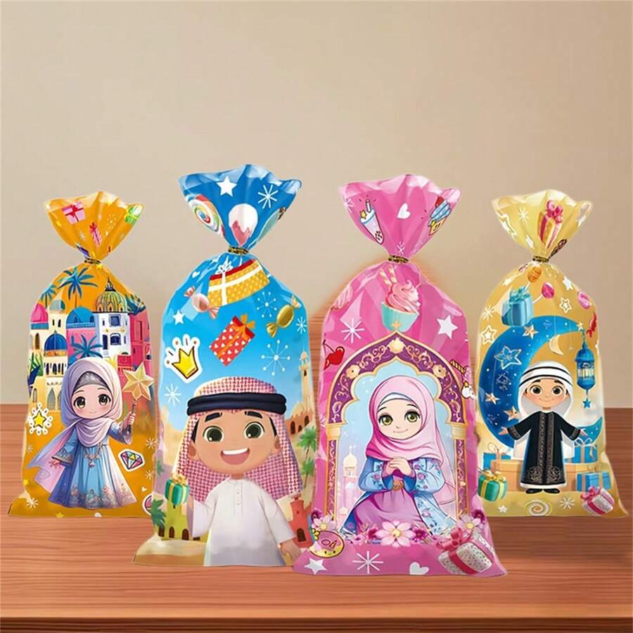 50pcs/100pcs Cute Cartoon Eid Mubarak Snack Bags, Fashionable New Middle Eastern Festival Candy Bags, Crescent Moon Castle Party Flat Bags, In Stock Candy Bags - Multicolor - View 1
