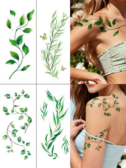 STARTTOOS Fresh And Elegant Green Vine Leaf Pattern Temporary Fake Tattoo Sticker Suitable For Wrist, Ankle, Shoulder, Neck, Collarbone DIY Daily Party, Holiday Gift, Body Waterproof Realistic Tattoo Sticker