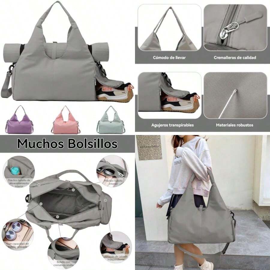 Bolsa de Gimnasia para Mujer,Bolsa de Yoga con Hebilla para Esterilla de Yoga,Bolso de Mano con Compartimento para Zapatos para Gimnasio y Viajes(Gris) - Multicolor - Ver 1
