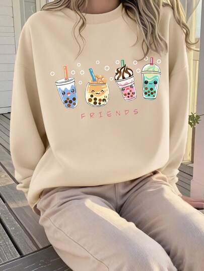 1PC Girl Sweet And Cute Style Cartoon Bubble Tea Print Crew Neck Sweatshirt, Soft And Comfortable, Spring Autumn Daily Leisure Wear