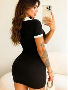 Vistodo Polo Women's Two-Tone Short Comfortable Cotton - màu đen - Xem 2