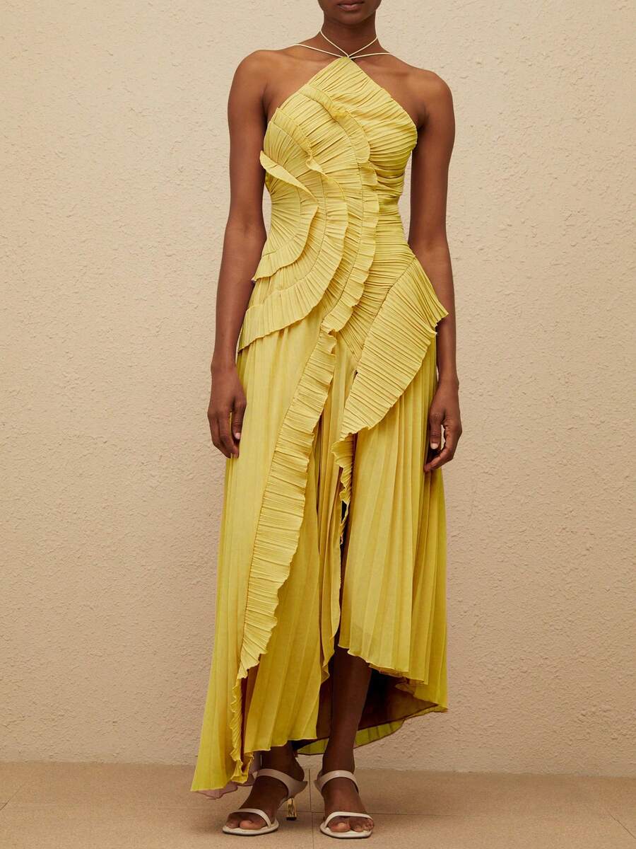 Women's Y2K Halter Neck Long Dress Elegant Sleeveless Backless Ruffles Tiered Cocktail Party Vacation Long Evening Dress - 黃色 - 查看 1