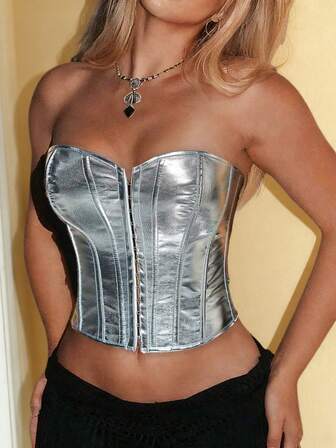 Correa metálica plateada de estilo punk con anilla y remache, top con cordones y espalda descubierta de PU, shapewear tipo top recortado para fiestas de música electrónica, festivales edgy