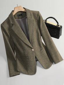 Áo khoác Blazer ngắn bằng len pha trộn dành cho nữ mới về năm 2025, dáng nhỏ nhắn chất lượng cao, thu/đông - xanh quân đội - Xem 9