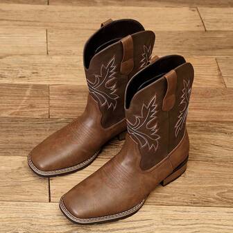 Men's Cowboy Boots, Western Boots, Square Toe High Heel Pull-On Fashion Embroidered Ankle Boots, Suitable For Spring And Autumn