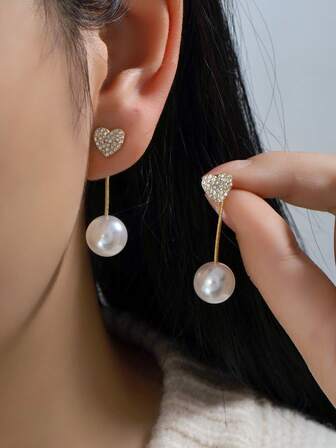 1 par eleganta örhängen med hjärtformade hängen i konstpärlor och diamanter - unik minimalistisk design för kvinnor, lämpliga som alla hjärtans dag-present