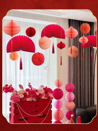 9pcs Chinese Traditional Red Honeycomb Lantern Set, Paper Fan Pendant And Watermelon Lantern, Suitable For New Year, Valentine's Day Decoration, No Electricity Needed, No Feathers, Applicable For Bedroom, Living Room, Window Decoration