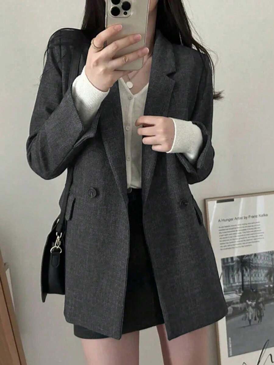 女士休闲简约翻领宽松西装外套 - 深灰色 - 查看 1