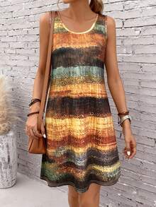女士条纹无袖迷你连衣裙 - 夏季圆领背心沙滩裙、休闲度假装、透气 A 字形太阳裙、女士夏季时尚连衣裙 - 彩色 - 查看 1