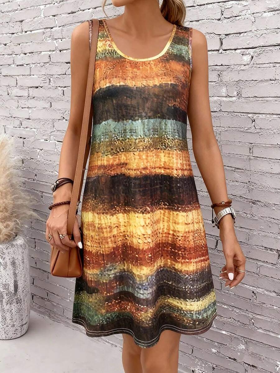 女士条纹无袖迷你连衣裙 - 夏季圆领背心沙滩裙、休闲度假装、透气 A 字形太阳裙、女士夏季时尚连衣裙 - 彩色 - 查看 1