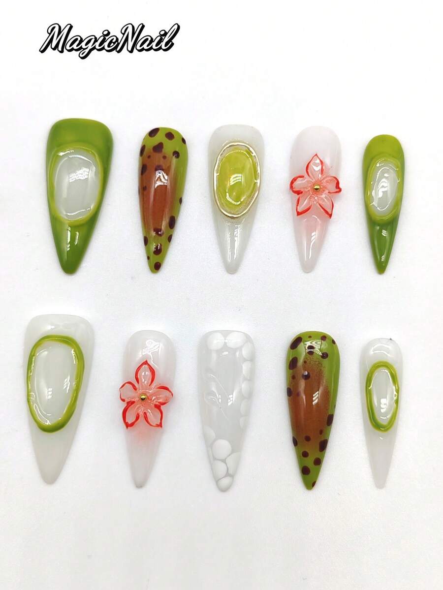10 piezas de uñas de uso manual puro, uñas finas de tacón alto de 33 mm de largo, uñas blancas transparentes, uñas verdes, uñas con flores tridimensionales rojas pintadas, uñas blancas con efecto de piel de serpiente degradado, uñas ovaladas con líneas doradas convexas, uñas con manchas color café. Placa de uñas linda, placa de uñas puntiaguda. Adecuado para actividades diarias de ocio, vacaciones, banquetes, fiestas, espectáculos y otras. - Multicolor - Ver 1