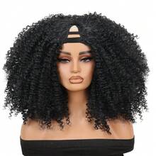 باروكة شعر مجعد على شكل V للنساء، باروكة شعر مجعد أفرو مجعد بطول 16 بوصة، باروكة شعر مجعد اصطناعي أسود كيكي - الأسود - مشاهدة 4