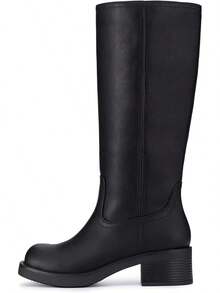Botas altas hasta la rodilla de mujer con punta cuadrada y tacón grueso, tacón bajo, moda 2025 - Negro - Ver 4