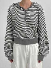 休闲百搭舒适纽扣条纹宽松V领卫衣 - 黑與白 - 查看 4