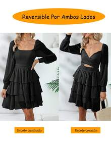 Vestidos Casuales de Manga Larga con Mangas de Rejilla para Mujer, Casual y Elegante Reversible - Negro - Ver 8