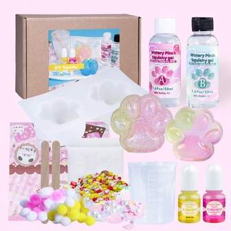 18pcs/Set Squishy Gel Making Kit, DIY Jewelry Making, Soft Silicone Cat Paw Making Kit, Include Transparent 50ml:50ml DIY Silicone AB Resin Glue, Cat Paw Silicone Mold, Flocking, Pigment, Tool, 1:1 By Volume Ideal For DIY