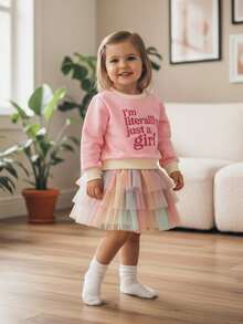 Toddler Girl Spring Outfit Letter Embroidery Sweatshirt With Tulle Mini A Line Skirt 2Pcs Set - Pink - View 4