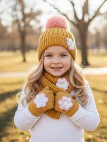 1 zestaw dziecięcy z dzianiny z cekinami i kwiatami: czapka, szalik i rękawiczki, 3 sztuki - 3 szt - Zobacz 5