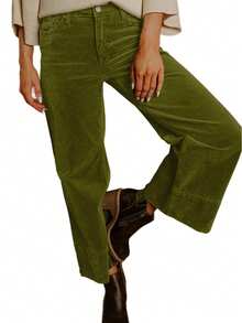 Solid Color High Waist Wide Leg Corduroy Pants - Vineyard Green - 查看 6