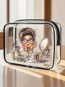 女孩印花PVC洗漱包，PVC旅行收纳袋，拉链封口 - 轻便、不易褪色的化妆洗漱包，适合女性和女孩，便携式化妆盒，易于擦拭清洁，是送给母亲、老师、朋友、护士的绝佳礼物，也是学校旅行和度假的必备品，防水洗漱包，旅行洗漱包，淋浴包，透明化妆包，防水袋，大容量收纳袋，旅行必备，邮轮必备，假日必备 - 彩色 - 查看 2