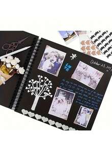 Rectangular Paper Scrapbook Album, DIY Memory Book, Decorated With Ribbons | Suitable For Weddings, Anniversaries, Graduations And Special Occasions, Perfect Gift For Friends, Couples And Family To Preserve Memories, Fashionable Black Cover, Paper Material, Scrapbooking Supplies - Multicolor - View 7