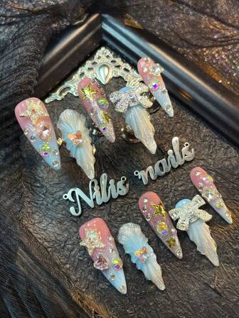 10pcs Stiletto Nail Set,Blue&PinkNails,Blue Tie Dye,Hand Drawn Geometric Patterns,3D Three-Dimensional Heart&Bow&Star&Butterfly&Rhinestone Nail Accessories Decoration, Hand Carved Water Droplet Patterns, Y2k Style Wearable Nail Art Set,Suitable For Women To WearDaily Parties Valentine's Day (With: A Piece Of JellyGlue And A Friction Strip)