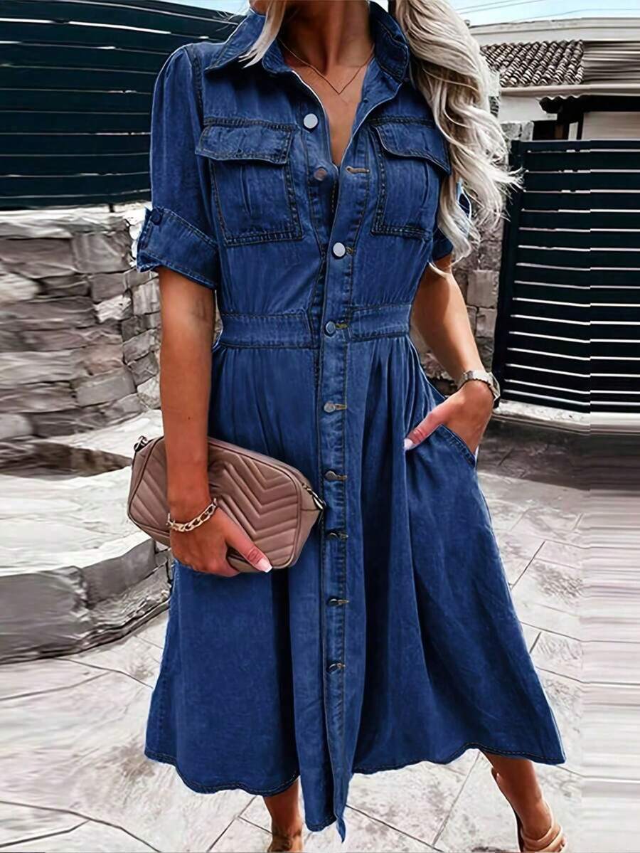 Women's Denim Dress, Women's Collared Denim Long Dress, Minimalist Style Women's Clothing, Vintage Casual And Elegant Denim Pants, Clothing For Tall Women, Exquisite Details, Fashionable And Sexy, Suitable For Outdoor Wear, New Year, Street Style, Birthdays, Going Out, Christmas, Clubs, Vacations, Concerts, Festivals And Parties. - Rửa tối - Xem 1