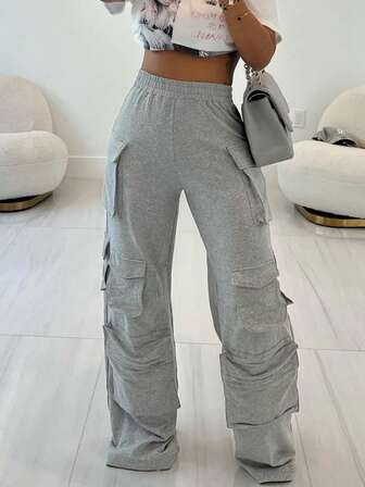 女士时尚宽松直筒多口袋纯色休闲简约通勤裤