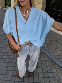 FOR BEAUTY Spring/Summer New Blue V-Neck Button Short Sleeve Top, Oversized Knit Cardigan With Dropped Shoulder Design, Lightweight Knit Sweater, Suitable For Women Casual/Holiday, Must-Have For New Year - Water Orchid - View 3