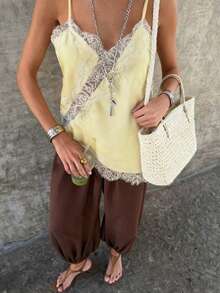 Elegant Criss-Cross Lace Sexy High-End Satin Glossy Date Street Style Spring/Summer Yellow Fashion Elegant Casual Minimalist Luxurious Retro Romantic Holiday Street Loose Comfortable Commute Soft Skin-Friendly Women Camisole - Yellow - View 6