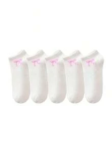 5Pairs Unisex Comfortable Versatile Solid Color Black/White/Gray Bowknot Ankle Socks - Multicolor - View 4
