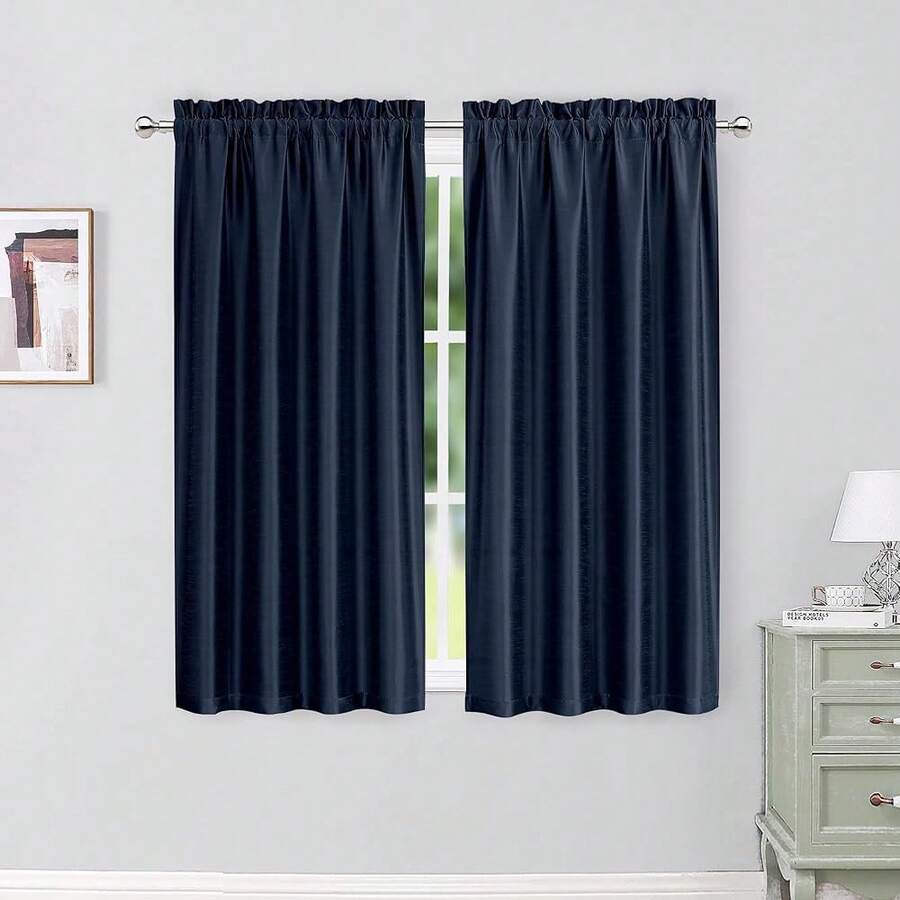 Chyhomenyc Uptown Navy Blue Curtains 54 Inch Length 2 Panels, Room Darkening Soft Faux Silk Chic Fabric Short Kitchen Curtains For Bedroom Living Room Windows, Each 30Wx54L,NavyBlue30inchWx54inchLPackof2 - 海軍藍 30 英吋寬 x 54 英吋長 2 件裝 - 查看 1