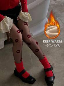 1 Pair Of Winter Black Kiss Pattern Tights! Warm & Flirty With Slimming Fit For Office Commute & Romantic Style! One Size Fits Most - Multicolor - View 12