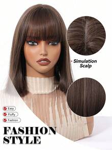 12 Inch Brown Ombre White Bob Wig With Bangs Synthetic Heat Resistant Wigs Natural Looking For Women Daily Party And Cosplay Use