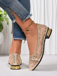 hanxiangyuzu 女士镶钻平底鞋，舒适方头芭蕾平底鞋，低跟礼服鞋，亮面平底鞋 - 金色 - 查看 2