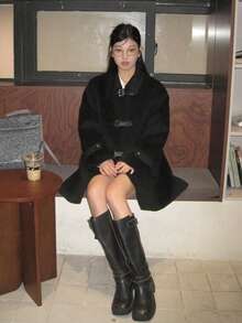 Black Polo Collar Wool Blend Coat, High-Quality Outerwear For Women, Autumn/Winter - Black - View 8