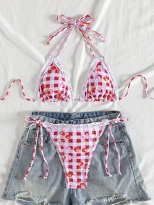 可爱波西米亚风女士比基尼套装，挂脖格纹樱桃印花系带丁字露背泳衣，流苏边饰，高弹力 - 彩色 - 查看 7