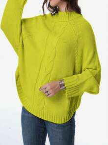 Plus Size Casual Solid Color Batwing Sleeve Pullover Sweater, Autumn/Winter - Matcha Green - View 3