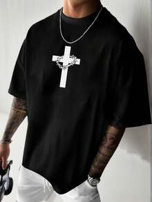 K-GLORY 男士休闲百搭简约英文标语十字印花短袖T恤 - 黑色 - 查看 3