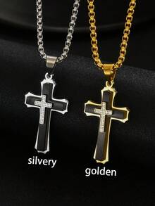 1件/2件装 时尚个性朋克风不锈钢黑色十字架吊坠，镶嵌锆石，百搭高端男士项链 - A十字架項鍊 - 查看 2