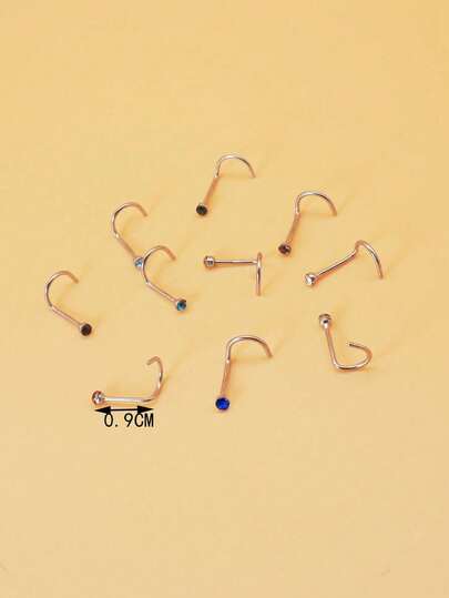10pcs Random Color Crystal Rhinestone Basic Stainless Steel Nose Studs For Women