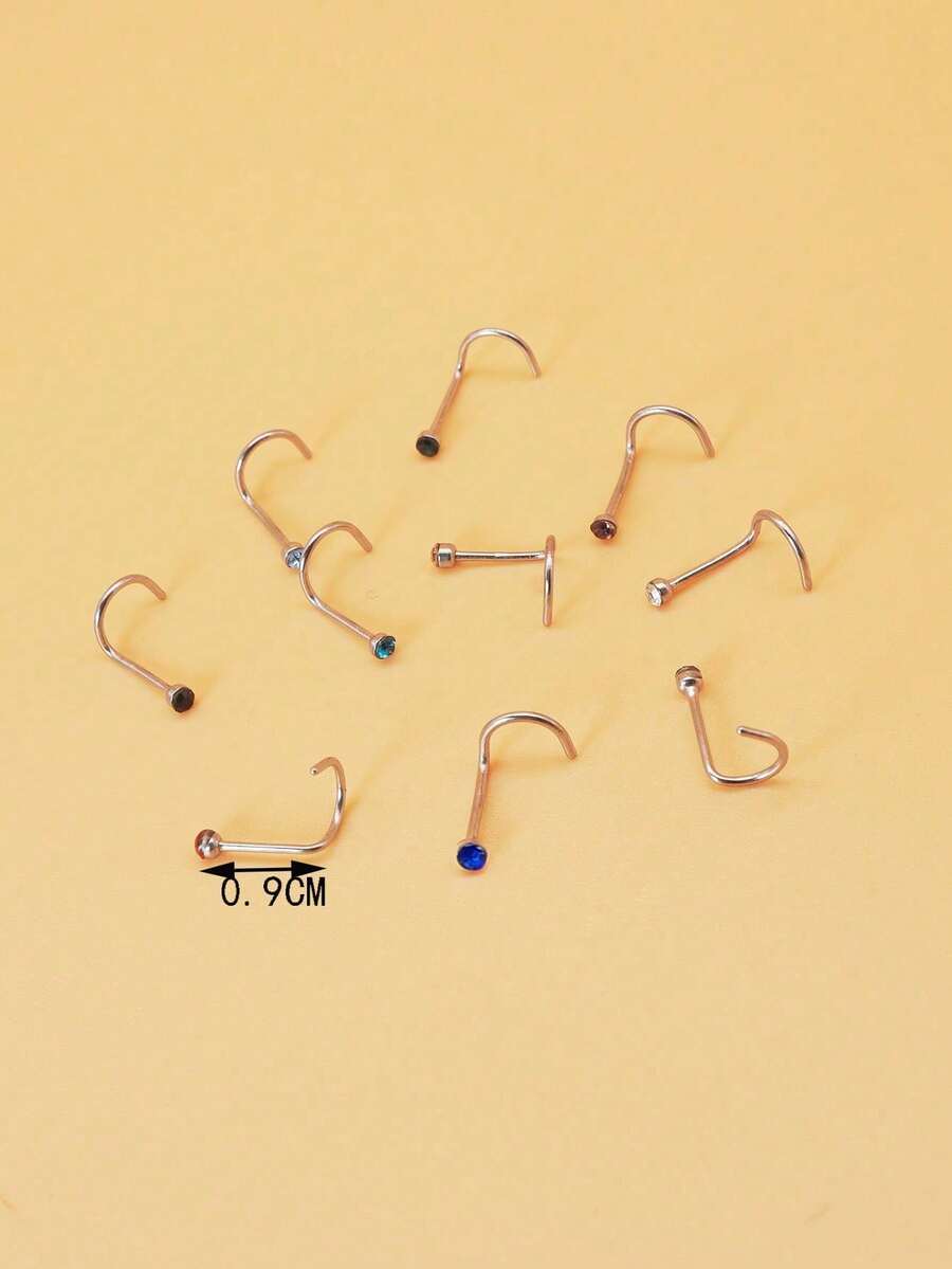 10pcs Random Color Crystal Rhinestone Basic Stainless Steel Nose Studs For Women - Multicolor - View 1