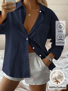 Áo sơ mi cotton trơn màu Look Polly dành cho nữ, kiểu dáng đơn giản, cài cúc một hàng phía trước, tay dài, thích hợp cho trang phục đi biển và nghỉ mát hàng ngày. - Hải quân - Xem 10